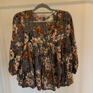 Altar'd State Floral Gray and Gold Blouse